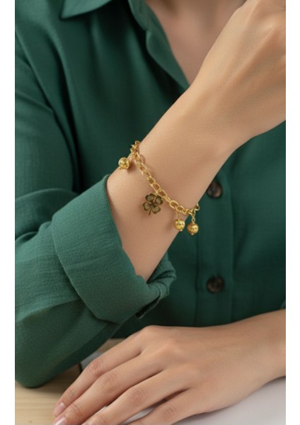 Kadın Yonca ve Top Detaylı Sallantılı Çelik Bileklik