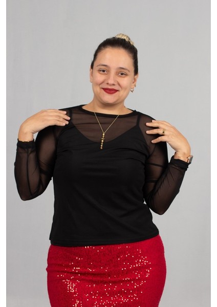 Siyah Büyük Beden Tül Bluz ve Askılı Atlet Ikili Takım - Zamansız Şıklık