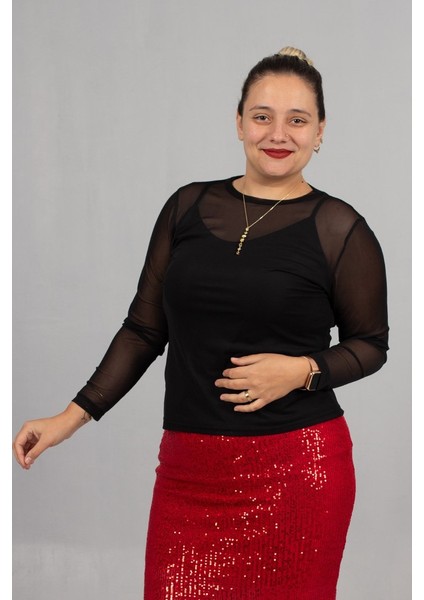 Siyah Büyük Beden Tül Bluz ve Askılı Atlet Ikili Takım - Zamansız Şıklık modelleri