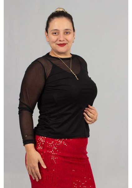 Siyah Büyük Beden Tül Bluz ve Askılı Atlet Ikili Takım - Zamansız Şıklık fırsatları