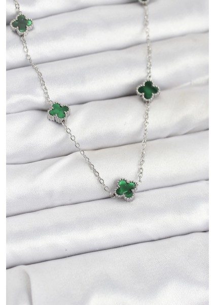 316L Çelik Zincir Gümüş Renk Yeşil Baby Boy Yonca Kadın Kolye