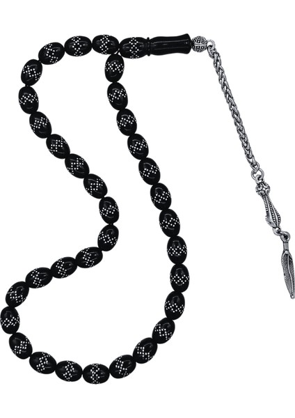 Oval Kesim Gümüş Işlemeli Gürcistan Oltu Tesbih 8X10 mm