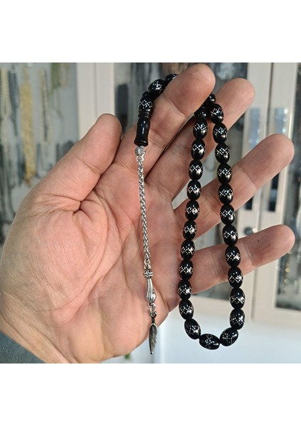 Oval Kesim Gümüş Işlemeli Gürcistan Oltu Tesbih 8X10 mm fiyatları