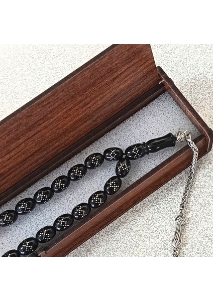 Oval Kesim Gümüş Işlemeli Gürcistan Oltu Tesbih 8X10 mm modelleri