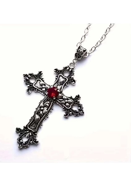 Kırmızı Kristalli Gümüş Gösterişli Haç Motifi