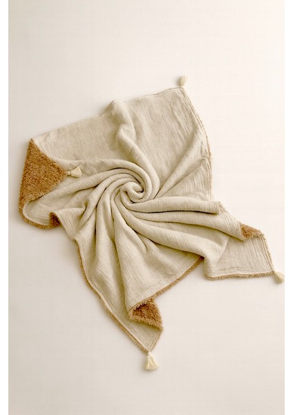 Karamel ve Krem Renk Çift Taraflı Müslin Koyun Tüyü Bebek Battaniyesi (100X120 Cm) modelleri