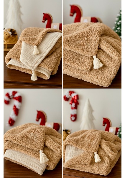 Karamel ve Krem Renk Çift Taraflı Müslin Koyun Tüyü Bebek Battaniyesi (100X120 Cm) fırsatları