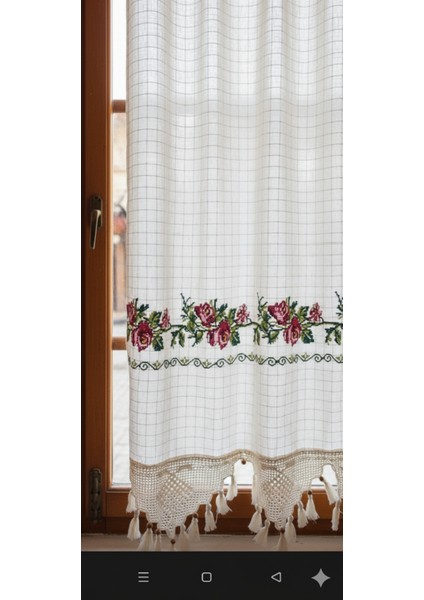 Kırmızı Kanaviçeli El Dantelli Kanaviçeli Keten Perde