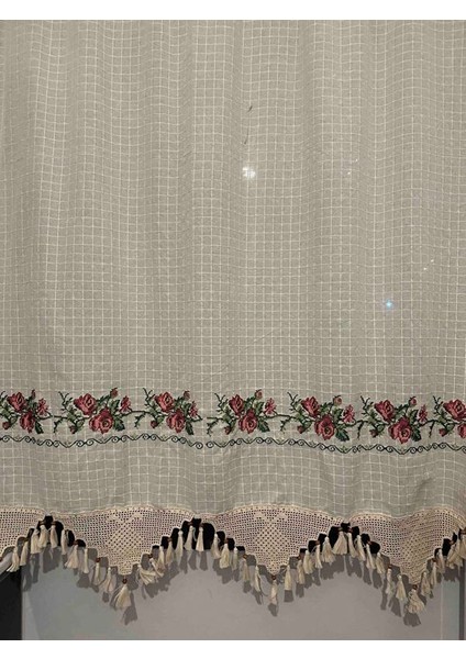 Kırmızı Kanaviçeli El Dantelli Kanaviçeli Keten Perde fiyatları