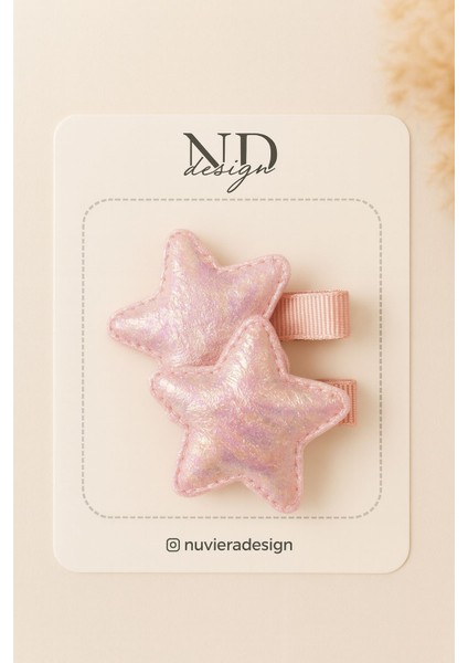 Pembe Parıltılı Yıldız Klips Toka - 2'li Set