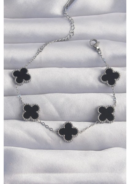 316L Çelik Gümüş Renk Siyah Mineli Yonca Bileklik