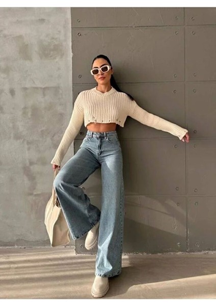 Yüksek Bel Kadın Palazzo Kot Pantolon – Siyah Esnek Denim Kumaş, Düz Bol Paça, Rahat Kalıp Modern Jean