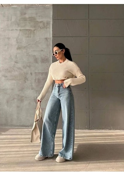 Yüksek Bel Kadın Palazzo Kot Pantolon – Siyah Esnek Denim Kumaş, Düz Bol Paça, Rahat Kalıp Modern Jean fiyatları