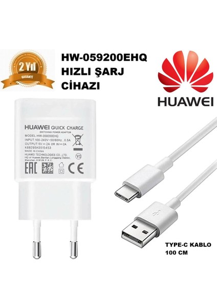 18W 9.0V 2 Amper 3.0 Qualcomm Huawei HW-059200EHQ Şarj Aleti + Type-C USB Kablo %100 Orjinal