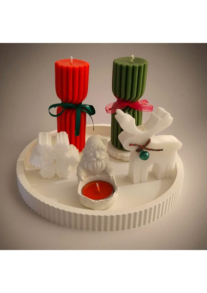 Yılbaşı Kış Konsept Mum Seti – Taş Tozu Tepsi + 5’li El Yapımı Mum & Noel Baba Mumluk