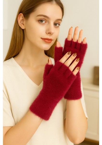 Düz Renk Peluş Parmakları Kesik Kadın Eldiven