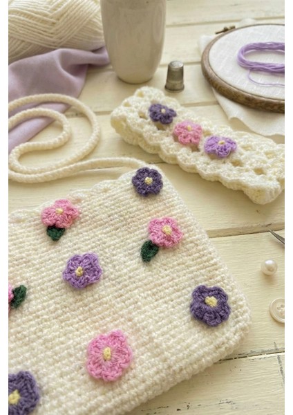 El Örgüsü Kır Çiçekli Kız Çocuk Omuz Çantası ve Saç Bandı Seti - Little Meadow Serisi - Krem fiyatları