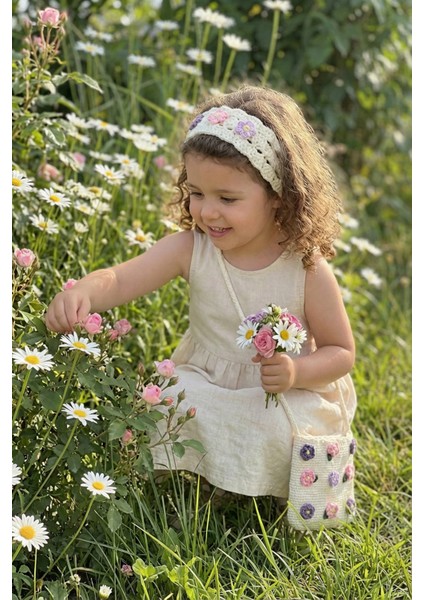 El Örgüsü Kır Çiçekli Kız Çocuk Omuz Çantası ve Saç Bandı Seti - Little Meadow Serisi - Krem fırsatları
