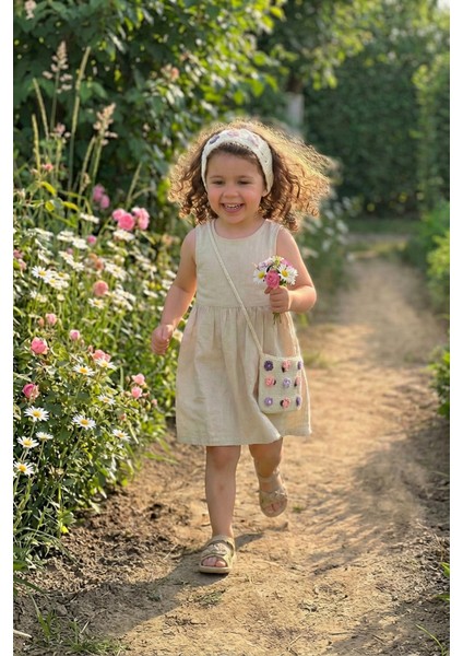 El Örgüsü Kır Çiçekli Kız Çocuk Omuz Çantası ve Saç Bandı Seti - Little Meadow Serisi - Krem indirimleri