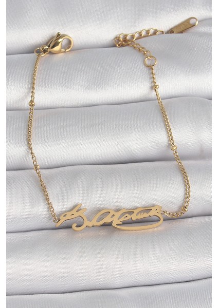 316L Çelik Gold Renk Atatürk Imza Model Kadın Bileklik