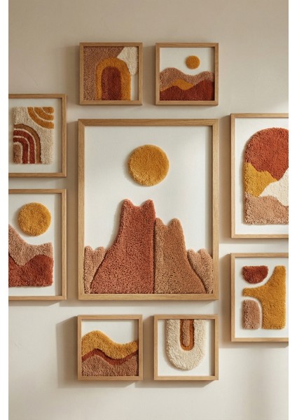 El Yapımı Tufting Tablo | Kedi Ailesi ve Güneş Temalı Cut Pile Duvar Dekoru | Doğal Ahşap Çerçeveli modelleri