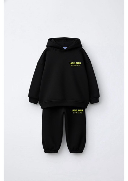 Unisex Çocuk Pamuklu Siyah Slogan Baskılı Kapüşonlu Eşofman Takım