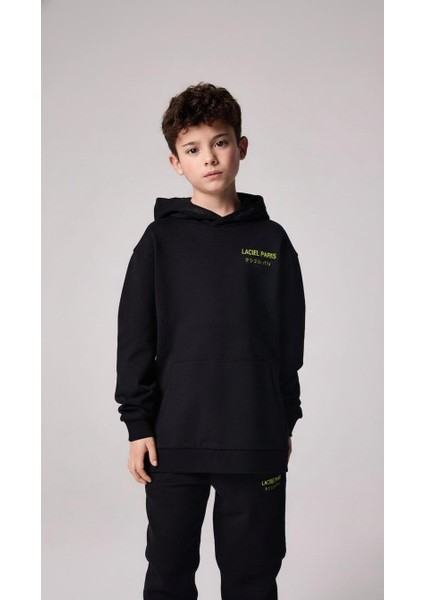 Unisex Çocuk Pamuklu Siyah Slogan Baskılı Kapüşonlu Eşofman Takım fiyatları