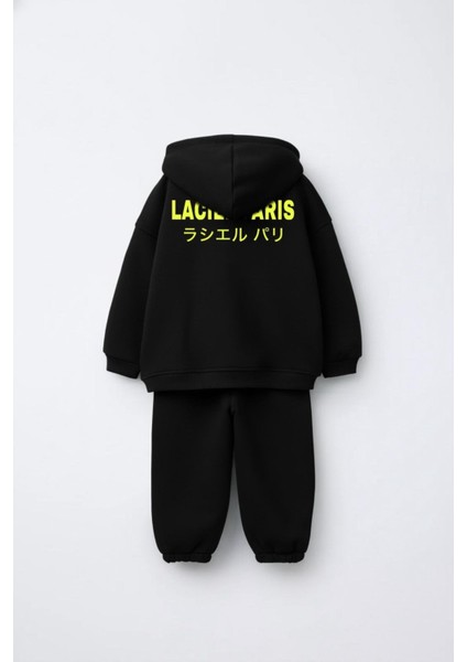 Unisex Çocuk Pamuklu Siyah Slogan Baskılı Kapüşonlu Eşofman Takım modelleri