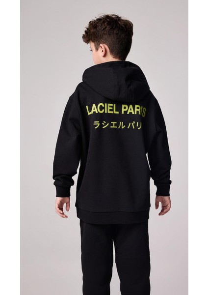 Unisex Çocuk Pamuklu Siyah Slogan Baskılı Kapüşonlu Eşofman Takım fırsatları