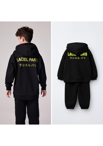 Unisex Çocuk Pamuklu Siyah Slogan Baskılı Kapüşonlu Eşofman Takım indirimleri