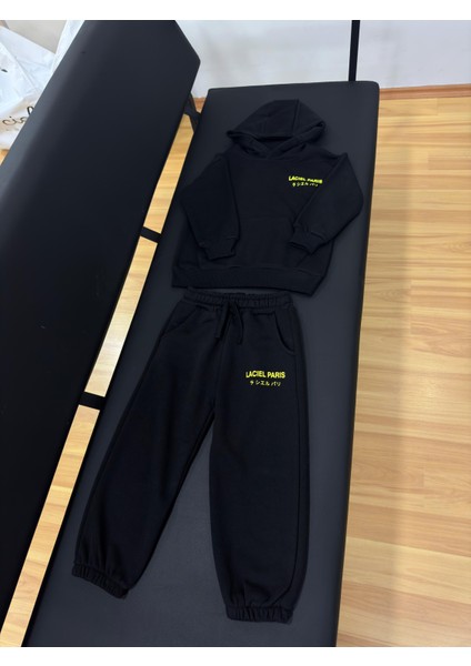 Unisex Çocuk Pamuklu Siyah Slogan Baskılı Kapüşonlu Eşofman Takım