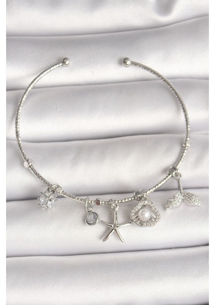 Pirinç Gümüş Renk Sallantı Zirkon Taşlı Deniz Yıldız Figür Balık Kuyruğu Detay Charm Kadın Bileklik