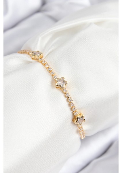 Pirinç Zirkon Taşlı Yıldız Model Gold Renk Asansörlü Kadın Bileklik