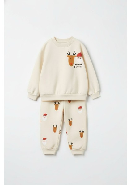 Unisex Çocuk Pamuklu Krem Yılbaşı Figürlü Eşofman Takımı – Rahat Kesim
