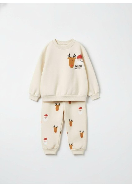 Unisex Çocuk Pamuklu Krem Yılbaşı Figürlü Eşofman Takımı – Rahat Kesim fırsatları