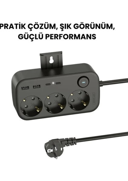 Akım Korumalı Priz 2 USB + 2 Type-C Girişli 2 Metre Kablosu Anahtarlı ve Duvara Monte Edilebilir indirimleri