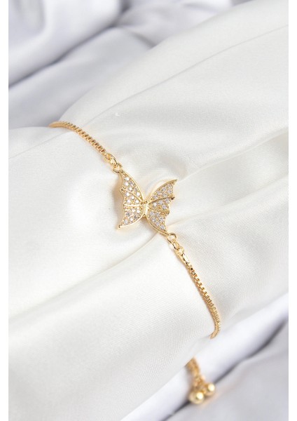 Pirinç Zirkon Taşlı Kelebek Model Gold Renk Asansörlü Kadın Bileklik