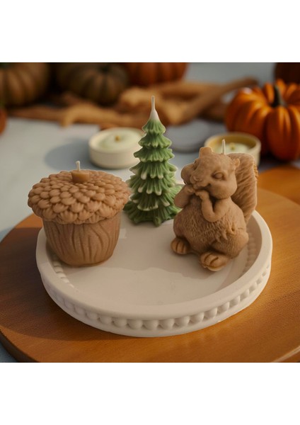 El Yapımı Taş Tozu Tepsi Üzeri 3’lü Kokulu Dekoratif Mum Seti – Sincap, Palamut, Çam