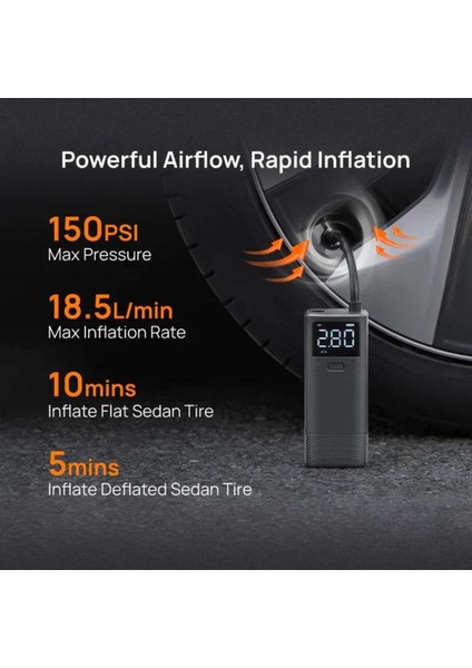Taşınabilir Dijital Hava Kompresörü, Siyah, Çok Fonksiyonlu, Hızlı Şişirme fiyatları