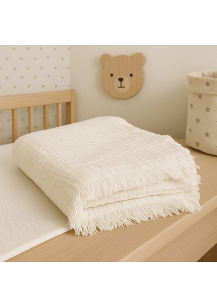 4 Katlı Krem Rengi %100 Pamuk Müslin Saçaklı Bebek Battaniye (100X120 Cm)