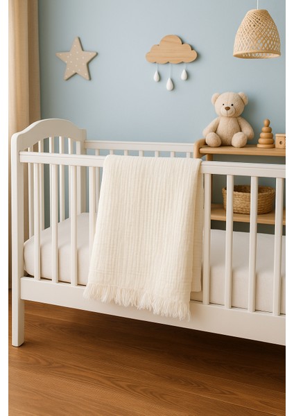 4 Katlı Krem Rengi %100 Pamuk Müslin Saçaklı Bebek Battaniye (100X120 Cm) fiyatları