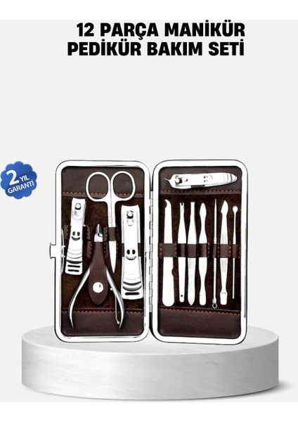 Özel Deri Çantalı 12 Parça Manikür Pedikür Bakım Seti Paslanmaz Çelik