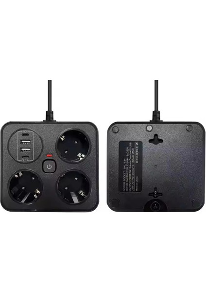 Akım Korumalı Anahtarlı Priz - 3x Priz - 2x USB - 2x Type-C - 2 mt Kablo Hızlı Şarj Özellikli