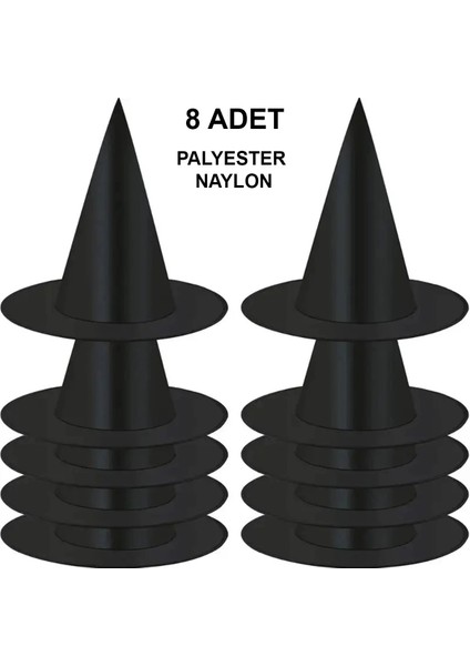 8 Adet Siyah Cadı Şapkası – Yetişkin Çocuk Kostüm Aksesuarı