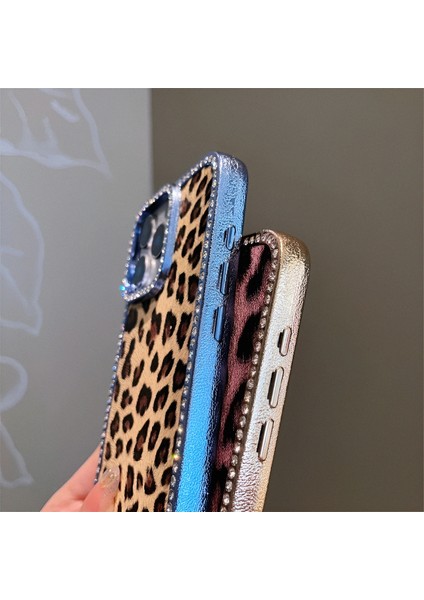 iPhone 12 Promax Uyumlu Leopar Baskılı Deri Kenarları Taşlı Kılıf