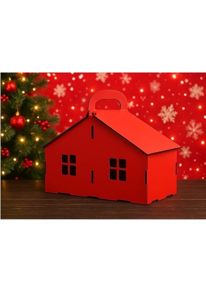 Kırmızı Ahşap LED Işıklı Yılbaşı & Hediye Evi - Üstten Açılır Kapaklı Tasarım -Yılbaşı Hediyesi-Yılbaşı Sepeti-Dekor-Özel Hediyeler