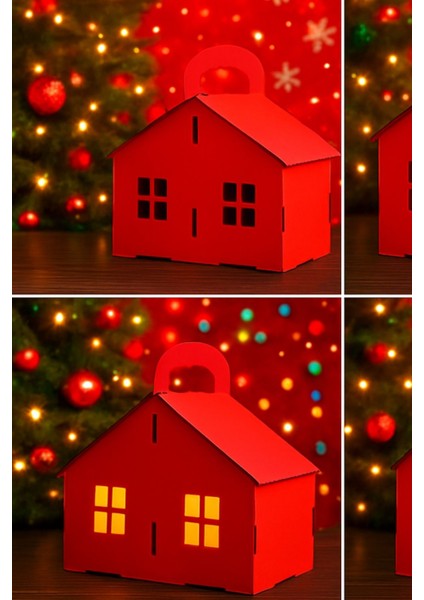 Kırmızı Ahşap LED Işıklı Yılbaşı & Hediye Evi - Üstten Açılır Kapaklı Tasarım -Yılbaşı Hediyesi-Yılbaşı Sepeti-Dekor-Özel Hediyeler modelleri
