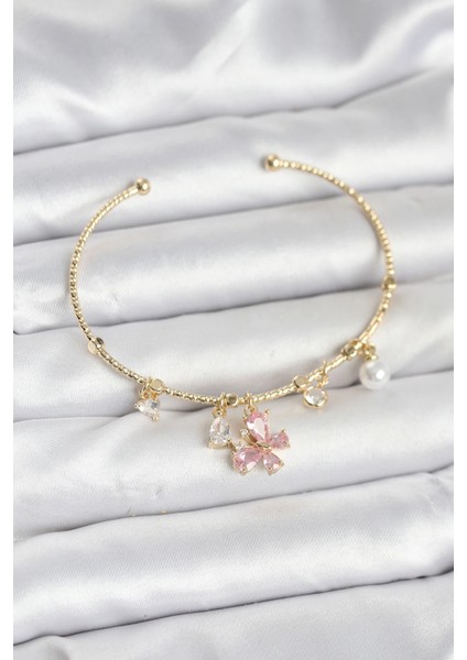Pembe Kelebek Charmlı Gold Renk Kadın Bileklik