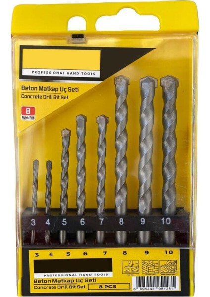 8 Parça Beton Delme Matkap Uç Seti 3-10 Numara, Güçlü ve Dayanıklı