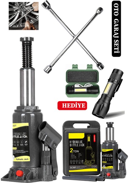 2 Ton Kapasiteli Şişe Tip Araç Krikosu ve 4'lü Bijon Seti ile El Feneri Hediye